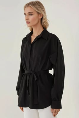Linned-Polyester Långärmad Skjorta med Bälte