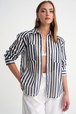 Gestreepte Poplin Shirt met Zak