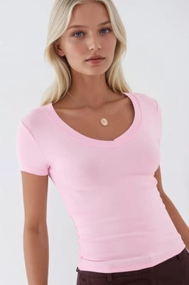 Elastische V-hals Korte Mouw T-Shirt