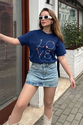 Geborduurd Korte Mouw Katoenen T-Shirt