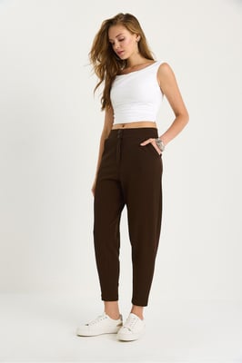 Lange Crêpe Wortelpantalon met Knopsluiting