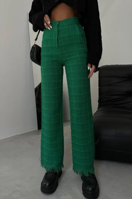 Tweed High Waist Straight Leg Trousers with a Tassel Hem
