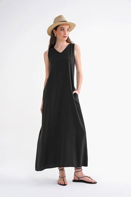 V-hals Mouwloze Maxi Jurk met Zakken
