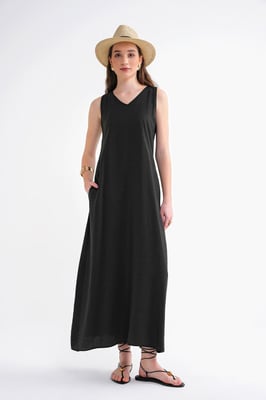 V-hals Mouwloze Maxi Jurk met Zakken