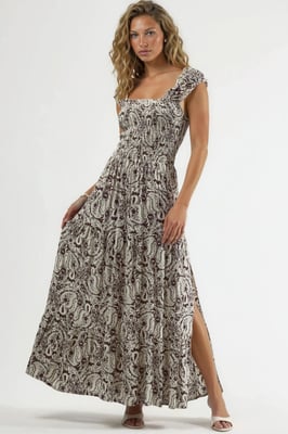 Paisley Print Maxi Jurk met Vierkante Kraag