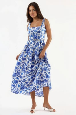 Bloemen Midi-jurk met Vierkante Kraag