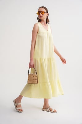 Mouwloze V-hals Muslin Midi-jurk met zakken