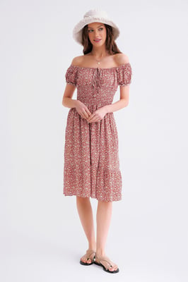 Schouderloze Bloemen Geborduurde Taille Puff Mouw Midi Jurk
