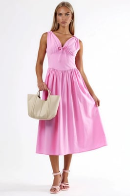 V-hals Midi Jurk met Strik Detail