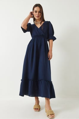V-hals Textured Midi-jurk met Elastische Details