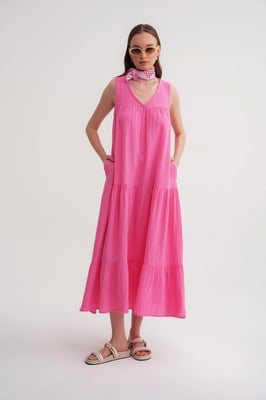 Mouwloze V-hals Muslin Midi-jurk met zakken