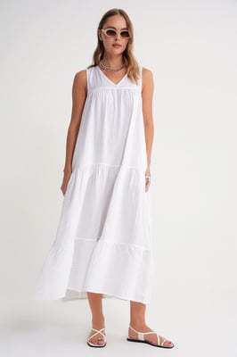 Mouwloze V-hals Muslin Midi-jurk met Zakken