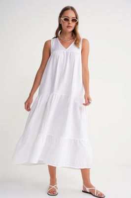 Mouwloze V-hals Muslin Midi-jurk met Zakken