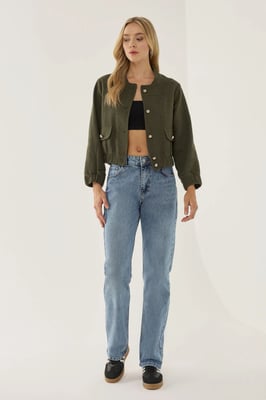 Tweed Round Neck Jacket with a Pocket Detail