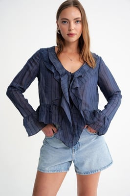 Frilly V-hals Gestreepte Blouse met Striksluiting