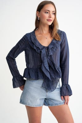 Frilly V-hals Gestreepte Blouse met Striksluiting