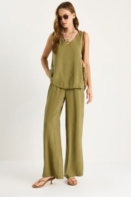 V-hals Katoenen Blouse-Broek Twee-Piece Set