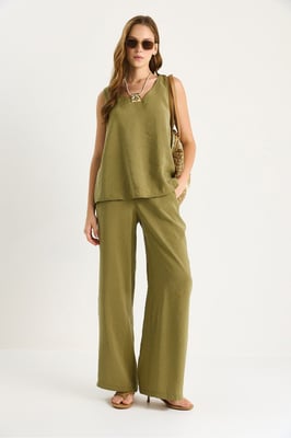 V-hals Katoenen Blouse-Broek Twee-Piece Set