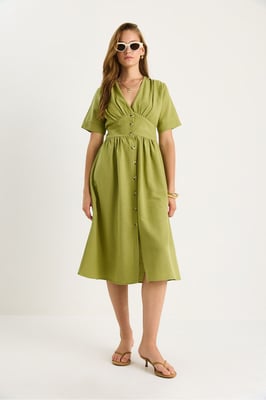V-hals Knop Midi Shirt Jurk