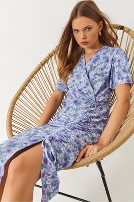 Bloemenprint V-hals Midi-jurk met Rimpeldetail