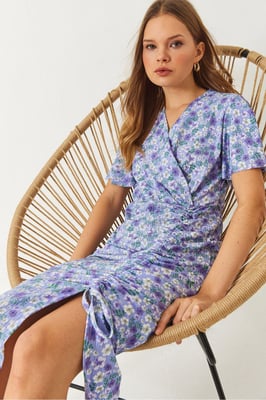 Bloemenprint V-hals Midi-jurk met Rimpeldetail