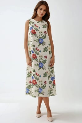 Linnen Voel Mouwloze Crew Neck Midi Jurk