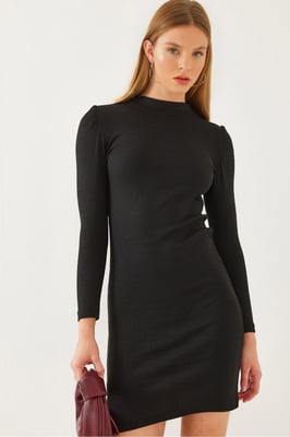 Geribbelde Jersey Mini-jurk met Ronde Hals
