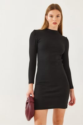 Geribbelde Jersey Mini-jurk met Ronde Hals