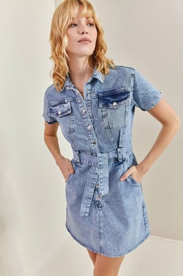 Mini Denim Jurk met Overhemdkraag en Tailleband