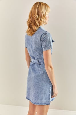 Mini Denim Jurk met Overhemdkraag en Tailleband