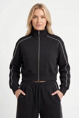 Black Contrast Piped Tracksuit Set