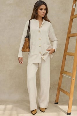 Geweven Knit Co-Ord Set met Knopdetails