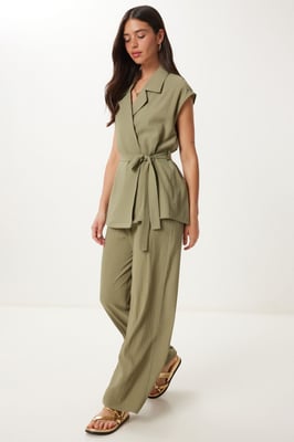 Hoge Taille Twee-delige Set met Kraag en Wijde Pantalons