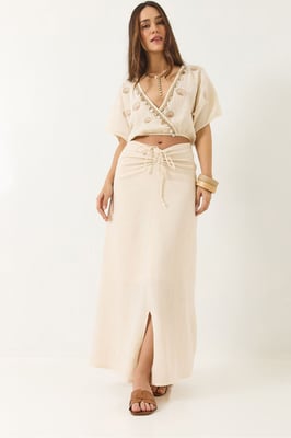 Geborduurd V-hals Twee-Delige Co-ord Set