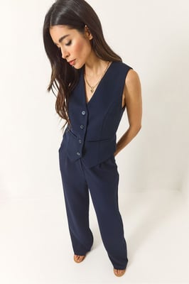 Gestructureerde V-hals Lange Co-Ord Set met Knopsluiting