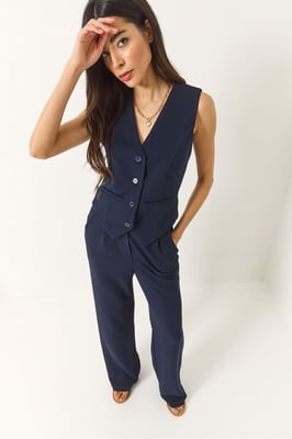 Gestructureerde V-hals Lange Co-Ord Set met Knopsluiting