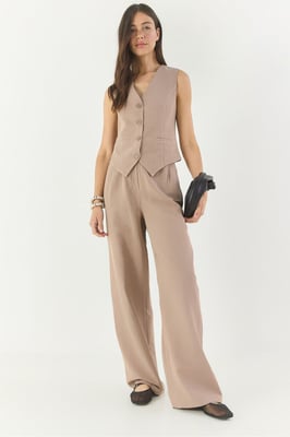 V-hals Vest en Wijde Pantalon Twee-delige Coord Set