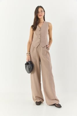 V-hals Vest en Wijde Pantalon Twee-delige Coord Set