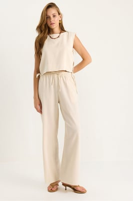 Crew Neck Striksluiting Twee-delige Co-ord Set met Wijde Pantalons