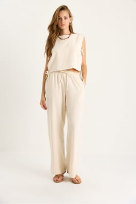 Crew Neck Striksluiting Twee-delige Co-ord Set met Wijde Pantalons