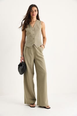 V-hals Vest en Wijde Pantalon Twee-delige Coord Set