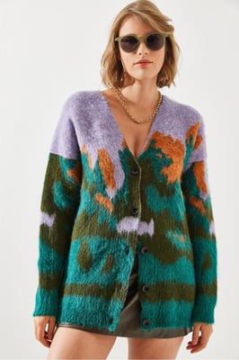 Lange Dikke Jacquard Cardigan met Knoopsluiting