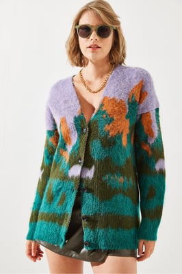 Lange Dikke Jacquard Cardigan met Knoopsluiting