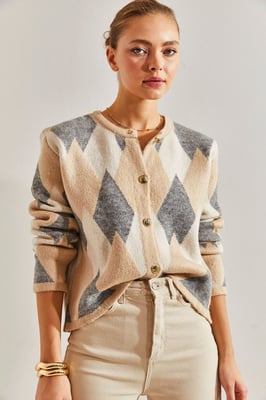 Geometrisk Stickad Knapp-up Crop Cardigan