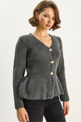 Geribde Lange Mouwen V-Hals Cardigan met Knopen