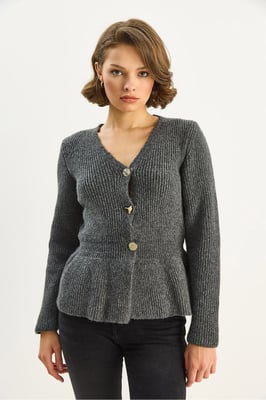 Geribde Lange Mouwen V-Hals Cardigan met Knopen