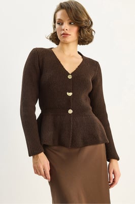 Geribde Lange Mouwen V-Hals Cardigan met Knopen