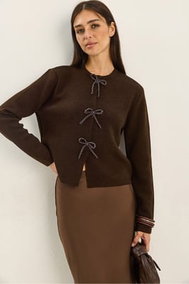 Ronde Hals Gebreide Cardigan met Strikdetail