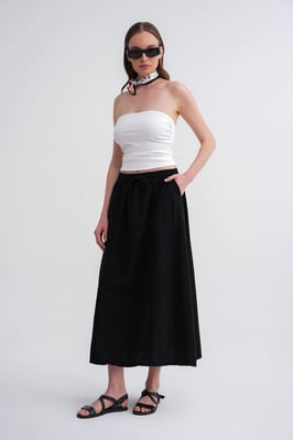 Högmidjad poplinkjol med dragsko-detalj