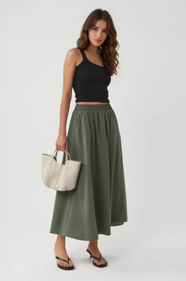Elastische Taille Midi Rok met Zakken